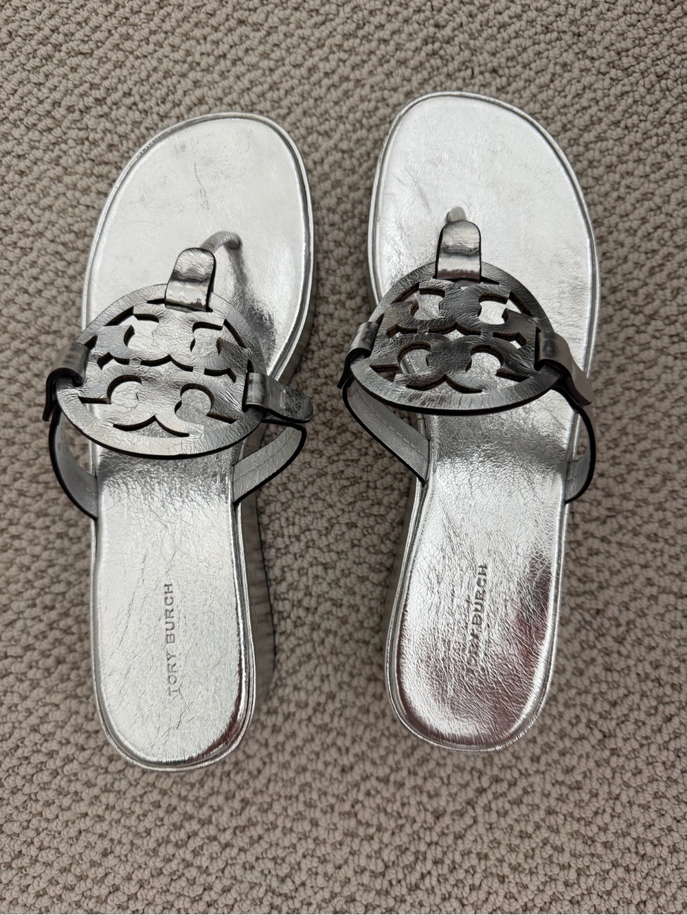 Tory Burch Metallic Silver Logo Toe-Post Slide Sandals